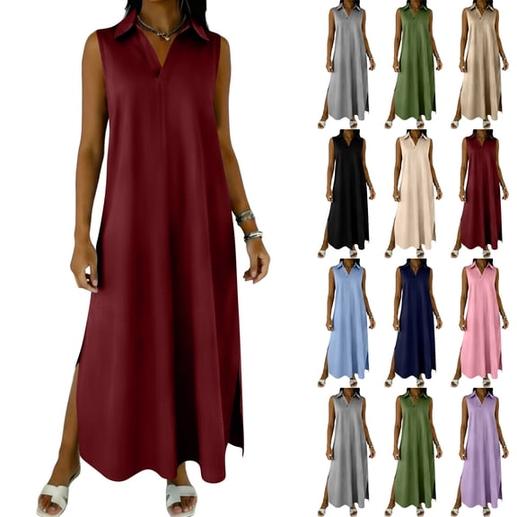 Laqbezok Women's Sleeveless Maxi Dress, Casual Collared V-Neck Long Gown, Relaxed Fit Side Slit Summer Dress with Pockets