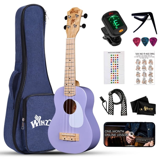 WINZZ Ukelele soprano para principiantes, kit de ukelele de madera hawaiano de 21 pulgadas para niños adultos estudiantes principiantes, paquete de uke profesional con lecciones gratuitas, estuche, go