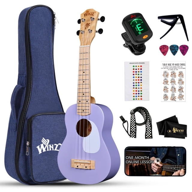 WINZZ Ukelele soprano para principiantes, kit de ukelele de madera hawaiano de 21 pulgadas para niños adultos estudiantes principiantes, paquete de uke profesional con lecciones gratuitas, estuche, go