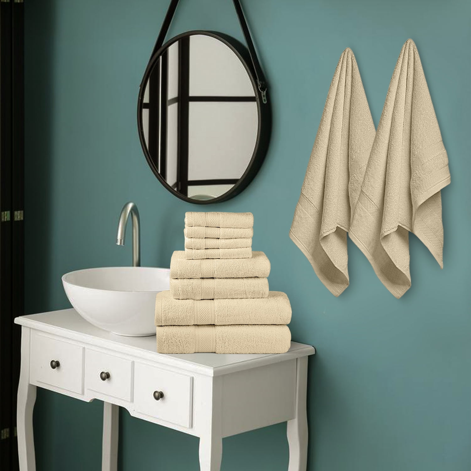 HOMES PERCEPTION Premium 8 Pack Towel Set - 600 GSM, 2 Bath Towels, 2 Hand Towels, 4 Washcloths, Beige
