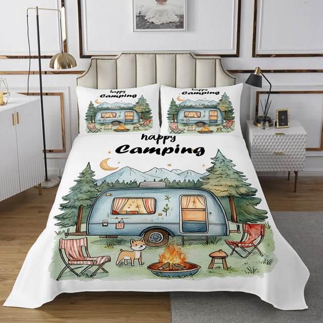 Erosebridal Rustic Camp Coverlet Set Queen, RV Car Bedding Set, Happy Camping Decor 3-Piece