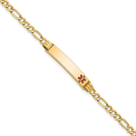 14K Yellow Gold Semi-Solid Medical Polished Red Enamel Figaro Id Bracelet (7 X 5.5) Made In United States xm556fr-7