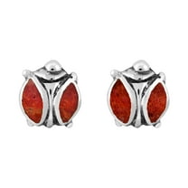 Charming Ladybug Coral Inlaid Wings Sterling Silver Stud Earrings