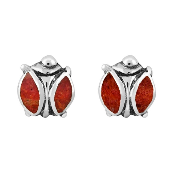 Charming Ladybug Coral Inlaid Wings Sterling Silver Stud Earrings