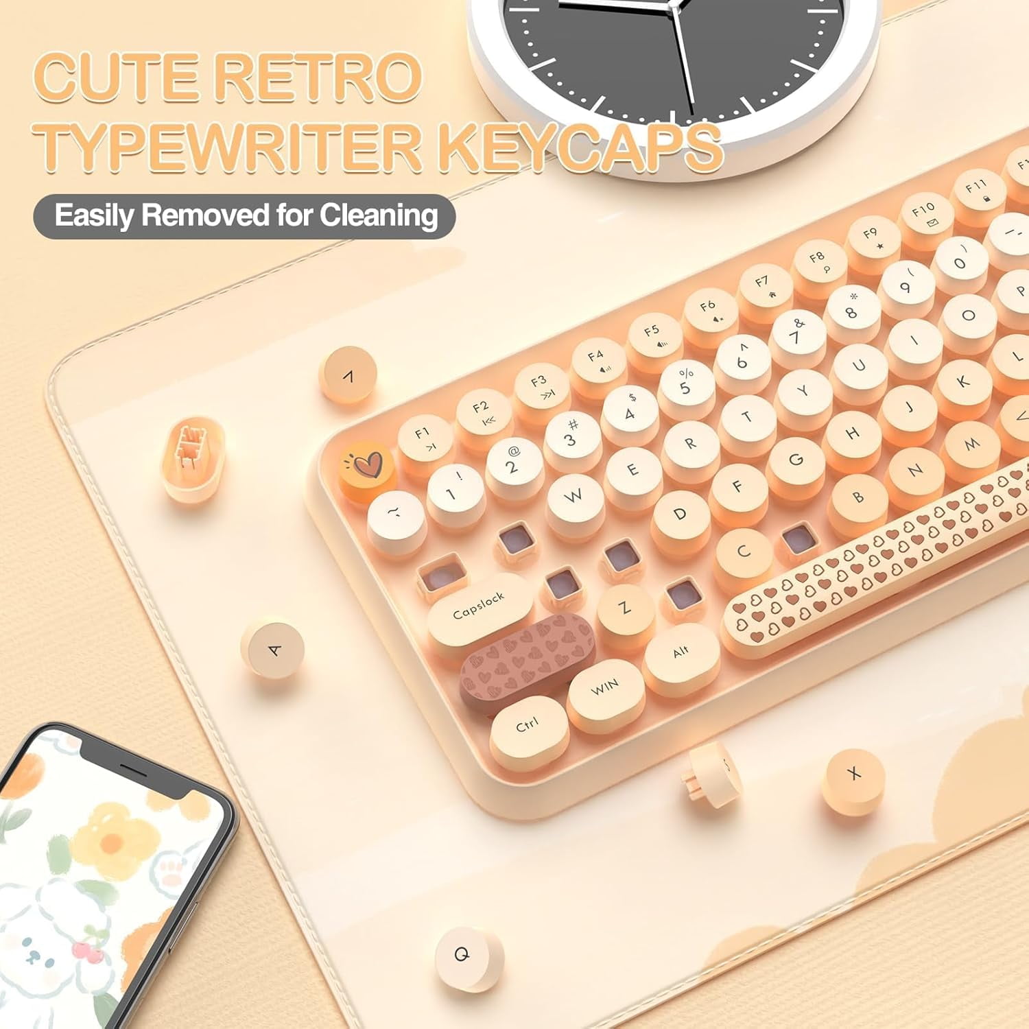 AJAZZ 308i Color Gradient Wireless Keyboard and Mouse Set, Retro Typewriter Keyboard with Cute Theme Round Keycaps for Mac/Windows/PC/Laptop-Orange set