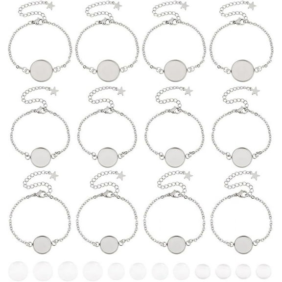 12pcs 3 Sizes 5-6inches Stainless Steel Bracelets with Clear Glass Cabochons Bracelet Bezel Settings Tray Blank Bracelets DIY