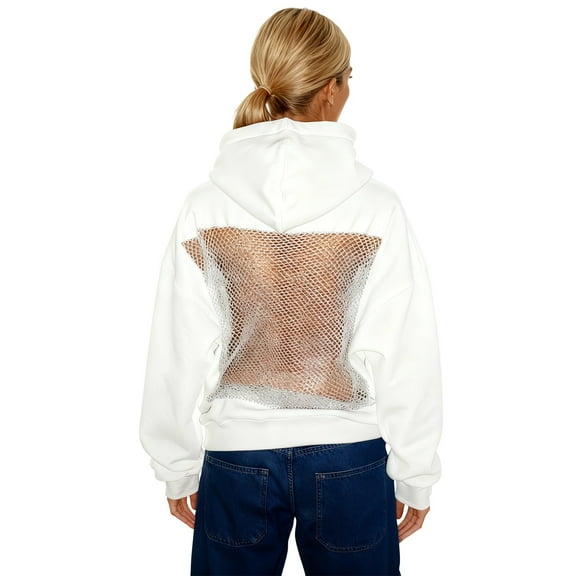 Women's Hollow Mesh Back Hoodie Mesh Back Sweatshirt White XL
