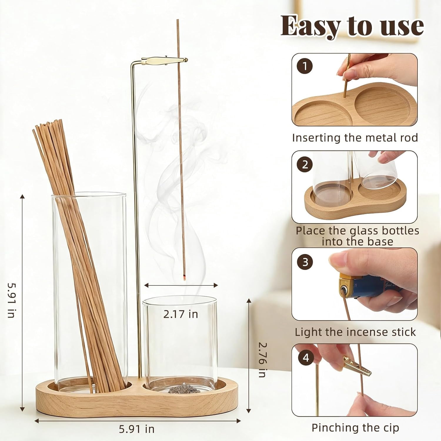 ABCISI 2-in-1 Glass Incense Holder with Ash Collector and Incense Stick Storage Upside Down Hanging Incense Holder,Anti-Splashing Design,Perfect for Meditation, Yoga, Spa, and Home Decoration,Natural