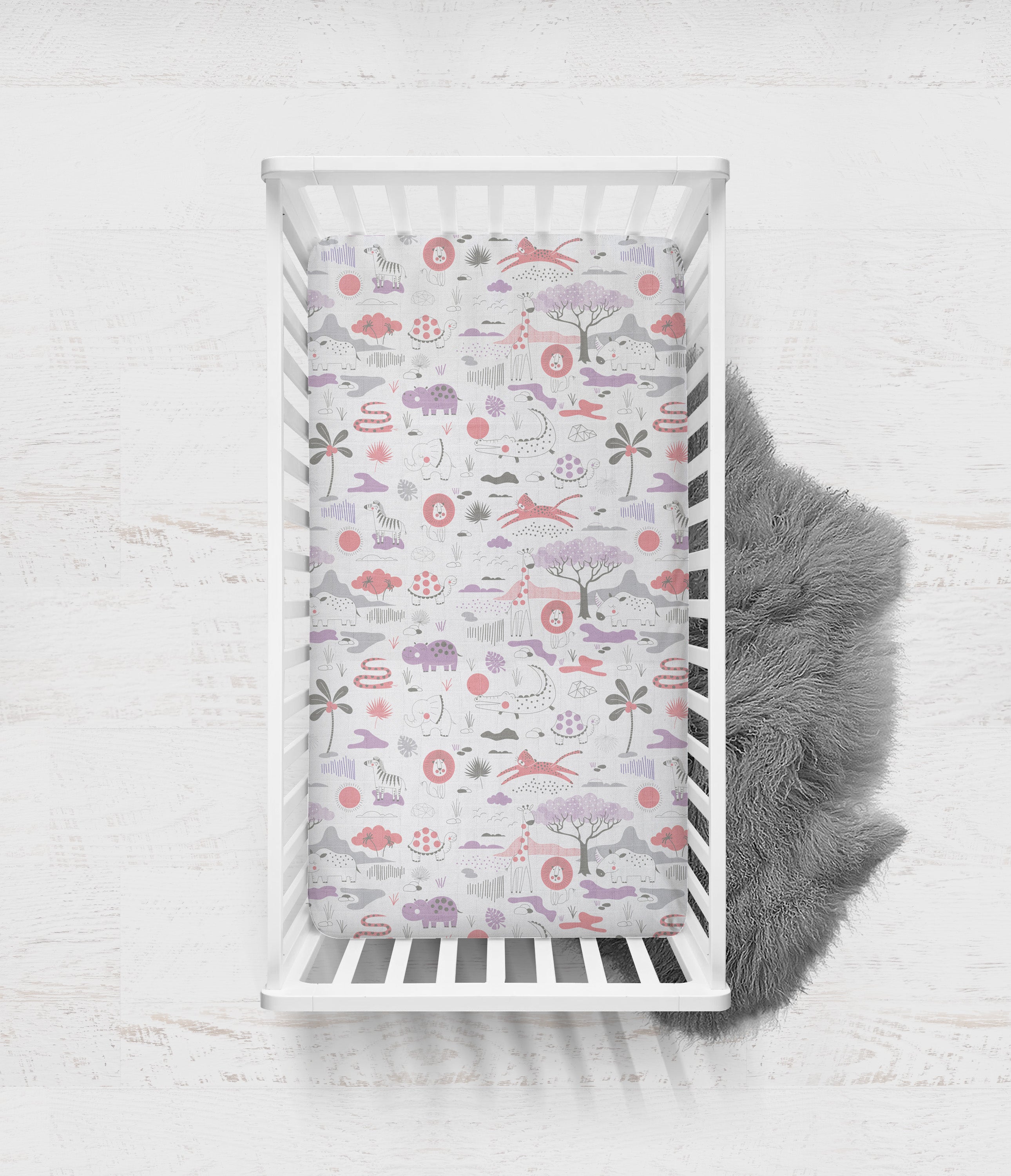 Bacati - Girls Jungle Safari Serengeti Lilac Coral Gray Muslin Crib or Toddler Bed Fitted Sheet