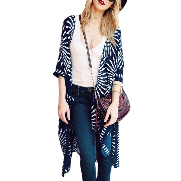 Mujeres Verano Vintage Cardigan Geometría Imprimir Kimono Beach Cover Up Bikini Outwear Azul Os Abanopi Cárdigan