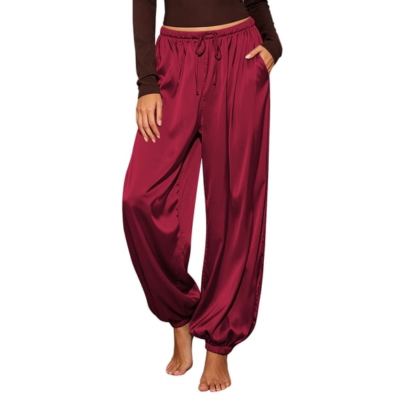 TEAJOPSUU Women's Silky Satin Joggers Drawstring Elastic Waist Side Pants with Pockets Elegant Lounge Tapered Legs Pants Burgundy