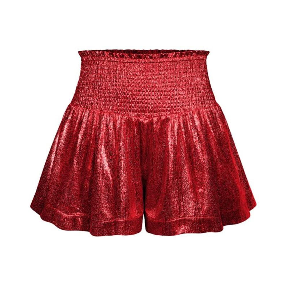 HAORUN Women Shiny Shirred Wide Leg Shorts Ruffle Elastic High Waist