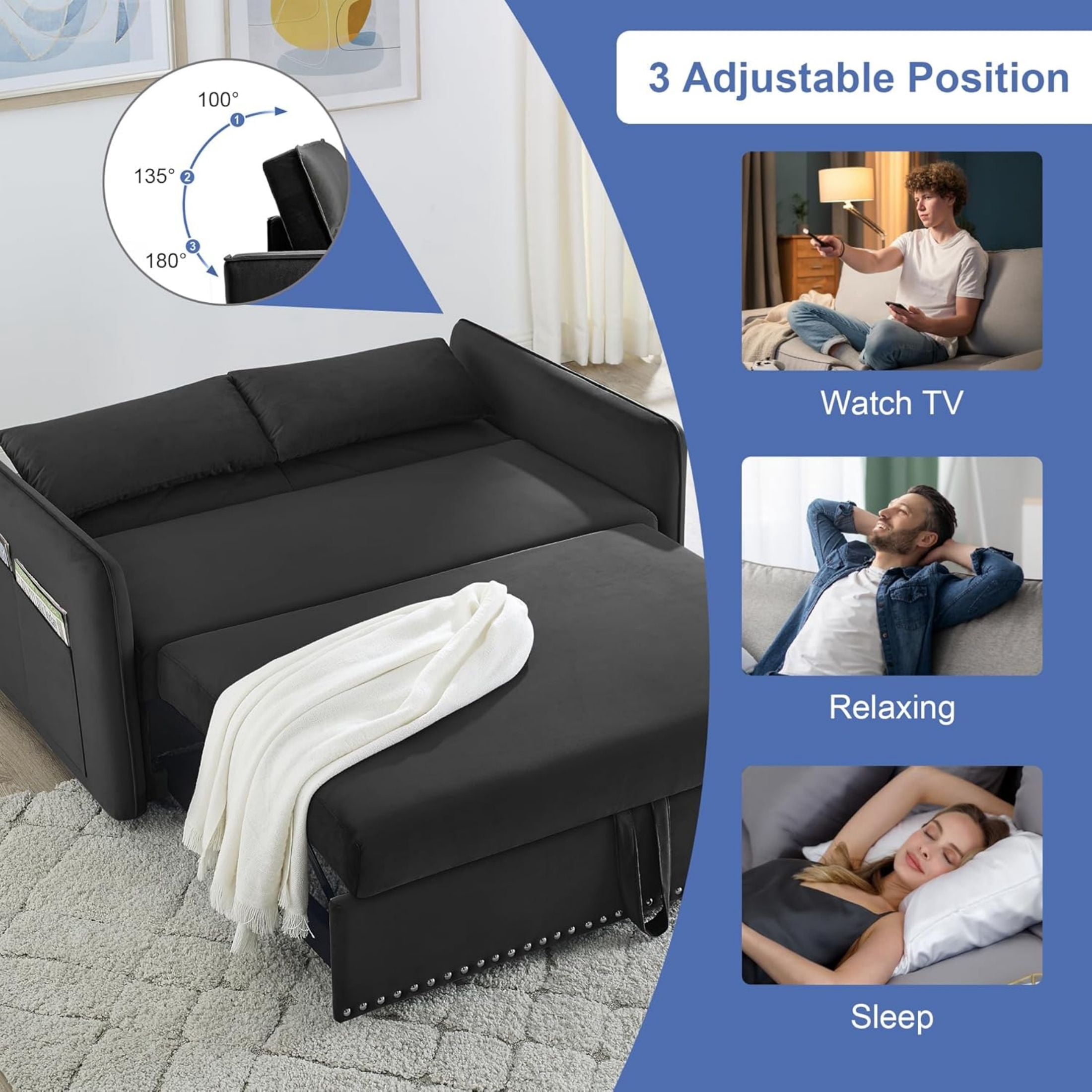 DEALTOPS Pull Out Sofa Bed, Convertible Loveseat Sleeper Sofa with USB Ports and Side Pockets, Black