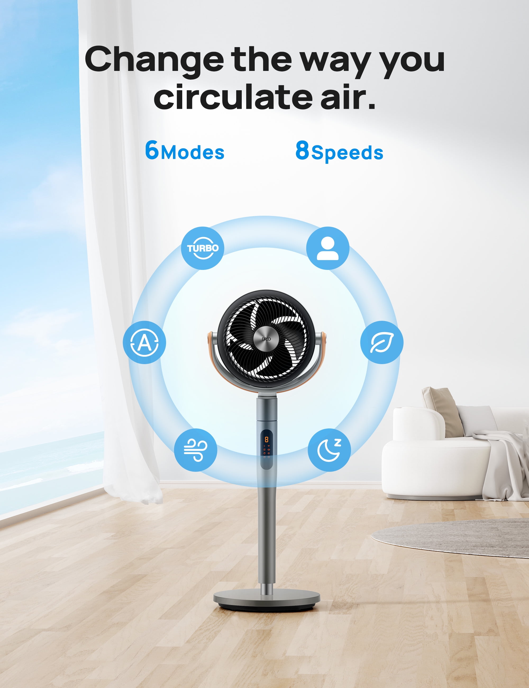 DREO Pedestal Fan with Remote, 43'' Quiet Standing Fan for Home Bedroom, 120°+105° Smart Oscillating Floor Fans with Wi-Fi/Voice Control, Works with Alexa/Google, 6 Modes, 8 Speeds, 12H Timer