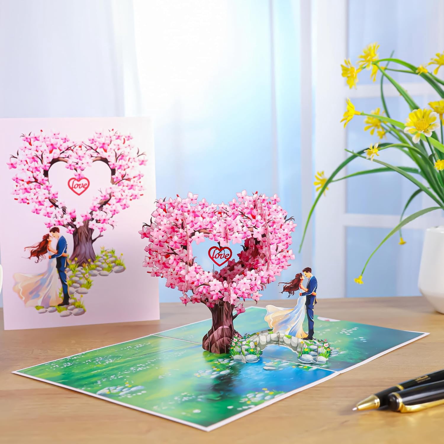 Pop Up Anniversary Cards, 3D Heart Cherry Blossom, Bridge with Couple Wedding Cards for Wife, Husband, Her, Him, Girlfriend, Ideal Gift for Birthday, Wedding, Valentines, Mothers Day, 6x8 inch