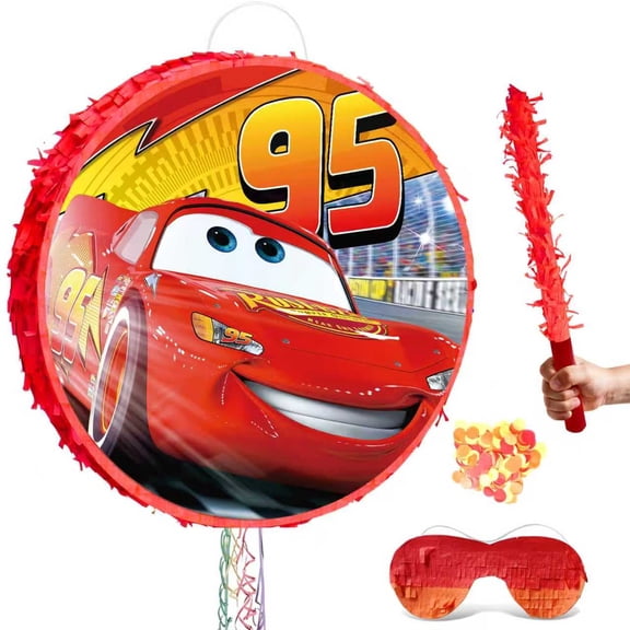 Lightning McQueen Pinata,4Pcs Lightning McQueen Round Pinata Set - Cars Themed Pinata Cars Party Pinata Sticks Cars Party Game Eye Masks ETC. Cars Piñata Supplies for Cars Birthday Party Decorations