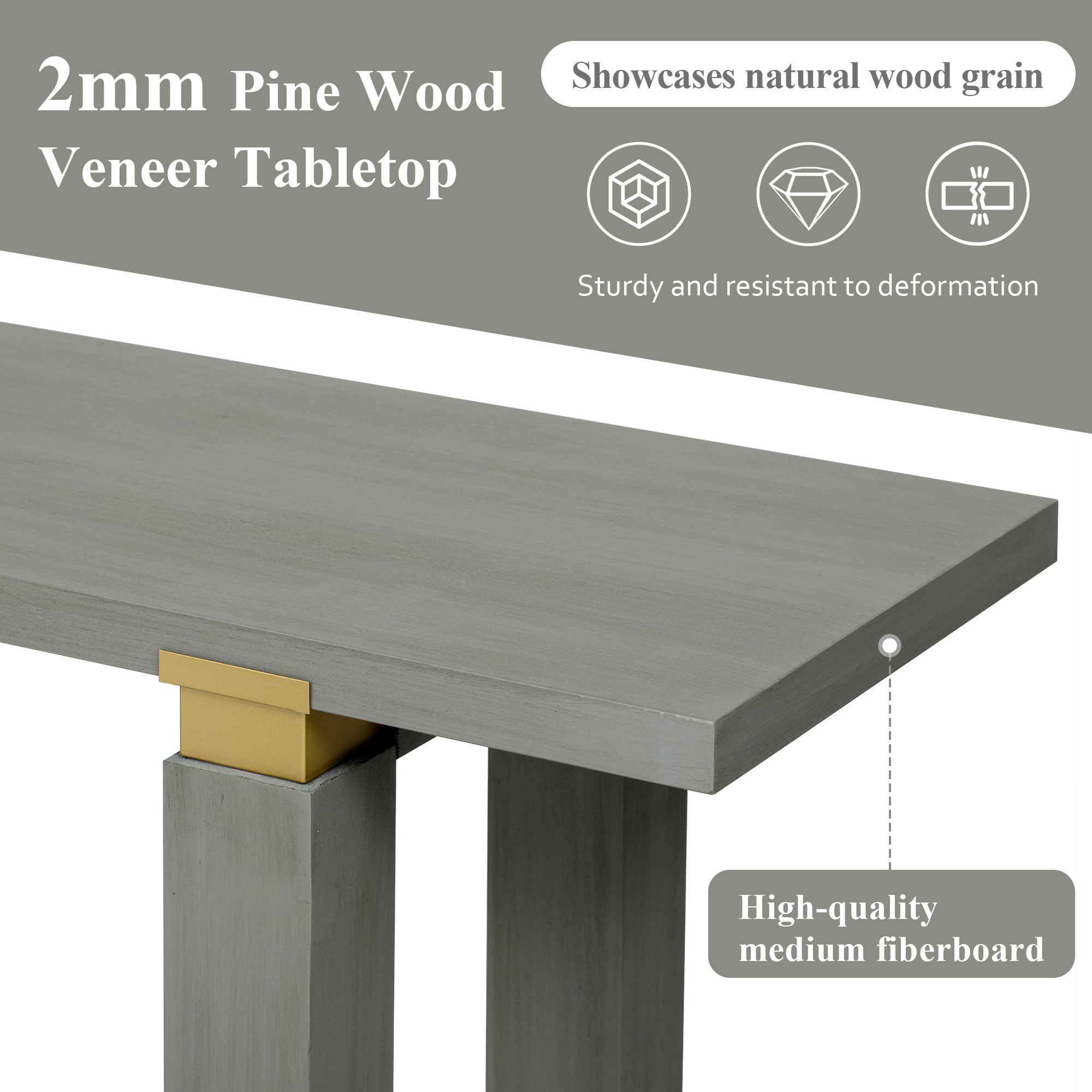 62.9" Modern Minimalist Console Table, Solid Wood Entryway Sofa Table with Metal Accents, Built-in Shelf, for Living Room, Hallway (Gray)