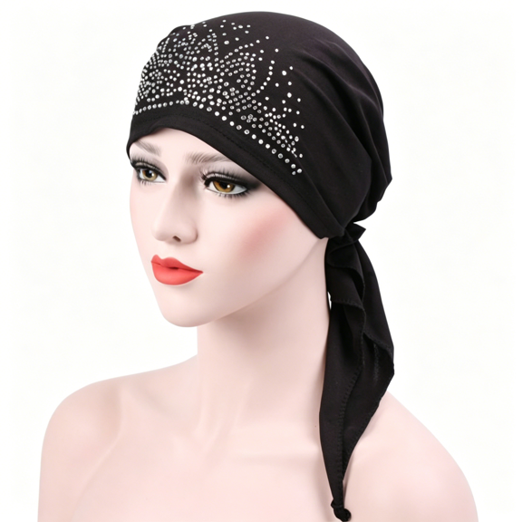 TELOLY Chemo Headwear for Women Rhinestone Beanies with Stretch Elastic Turbans Soft Cancer Hats Head Coverings