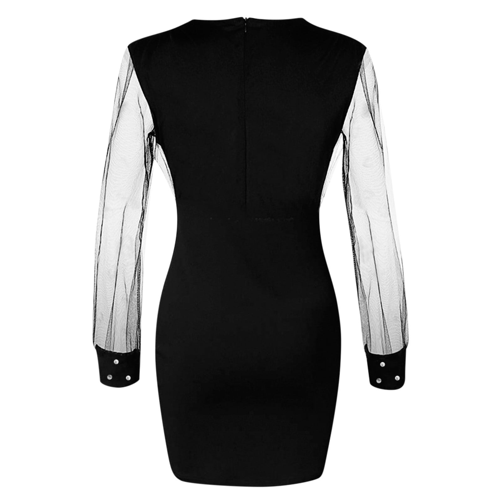 JGGSPWM Women's Sheer Long Sleeve V Neck Mini Dress Pearl Beading Dresses Black 2XL
