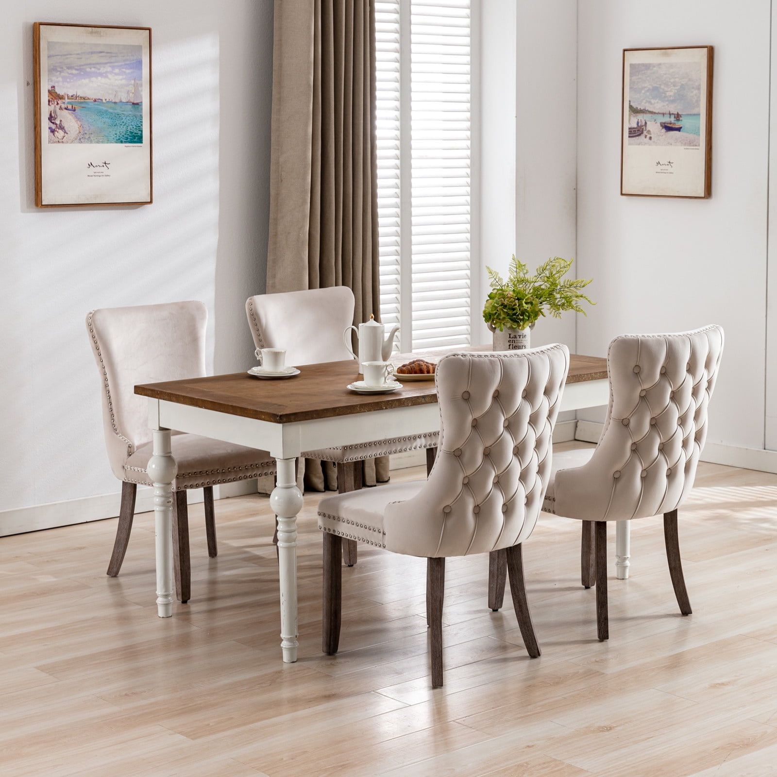 PORKISS Upholstered Dining Chairs Set of 2, Armless Side Chairs with Backstitching Nailhead Trim and Solid Wood Legs, Modern Velvet High Back Chairs, Beige