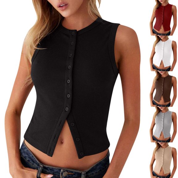 Bxsruta Women's Ribbed Knit Sleeveless Button Down Cropped Tank Top Casual Fitted Crew Neck Blouse