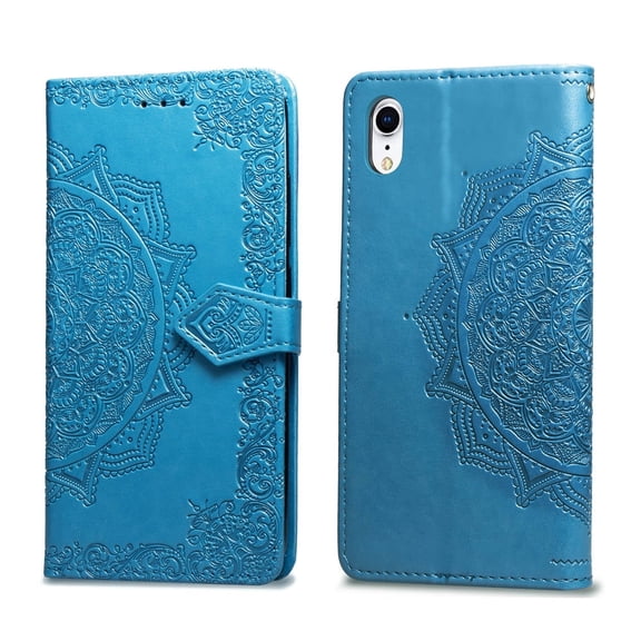 iPhone Xr Wallet Cases and Covers, Allytech Slim Premium PU Flip Stand Cover Mandala Embossed Full Body Protection with Card Holder Magnetic Closure for iPhone Xr, Blue