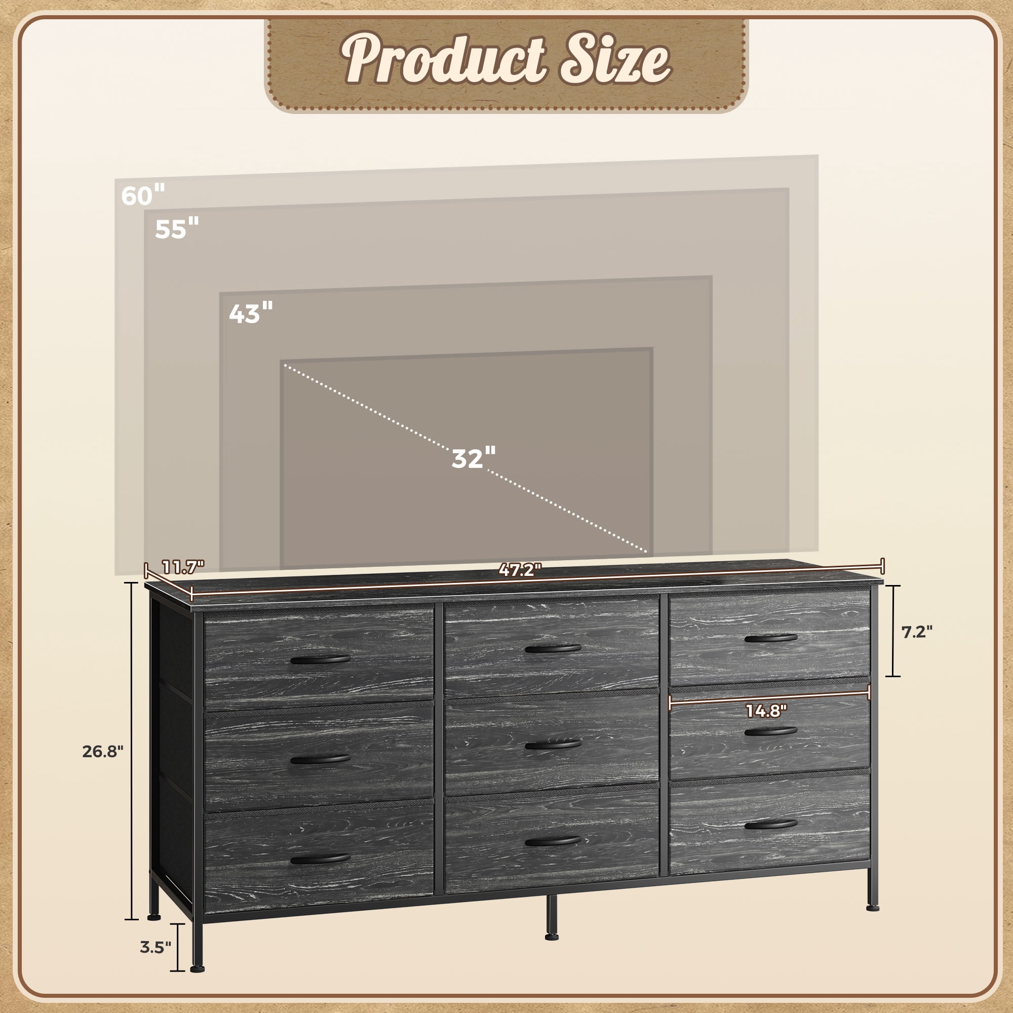 9 Drawer Bedroom Dresser with Storage, 47 Inch TV Stand for 50, 55 Inch TV, Fabric Chest for Closet