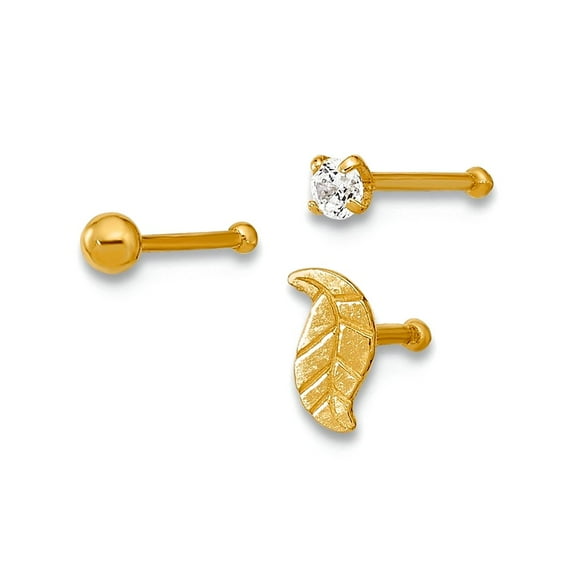 2.9mm 14k Solid Yellow Gold Leaf Ball and Cubic Zirconia Post Nose Set Stud Earring for Women