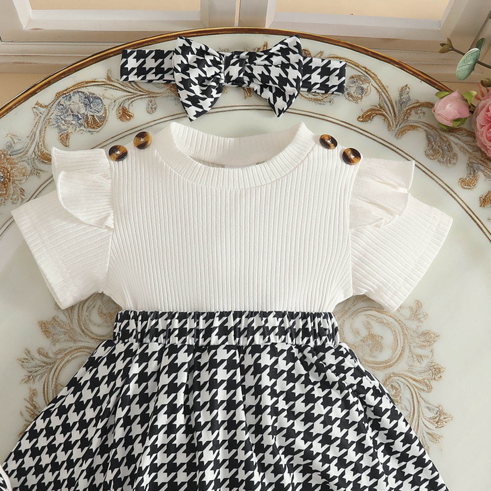 Faraee Newborn Baby Girl Clothes Smocked Bubble Romper Dress Socks Headband Cute Summer Infant Girls 3 Piece Outfits (12-18 Months,White)