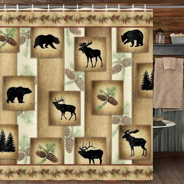 Rustic Cabin Shower Curtain Set, Country Bear Deer Moose Forest Vintage Wood Decor Bath Curtain, Farmhouse Lodge Camping Cloth Fabric Shower Curtains Bathroom Accessories, 72X72in