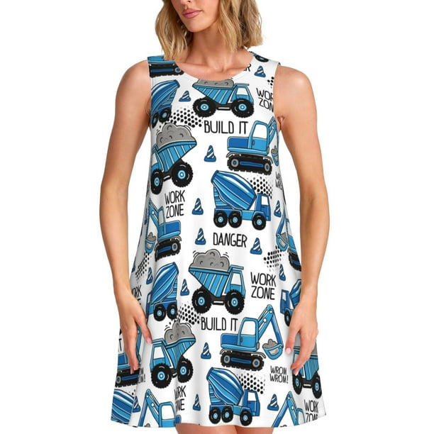 Fotbe Blue Excavator Vestido de Verano sin Mangas para Mujer – Vestido Midi Línea A, Estilo Camiseta Floral, Vestido Playero Casual y Fluido