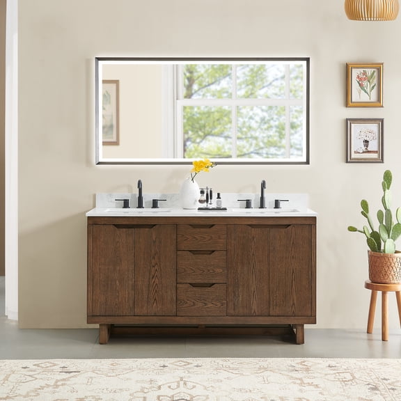Mowry 60" Wood Vanity in Brown Brushed Oak Engineered Stone Top with Mirror