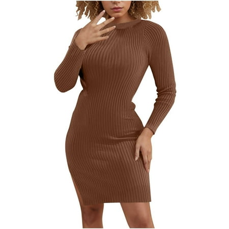 Womens Winter Ribbed Knit Sweater Dress Casual Long Sleeve Fall Dresses Sexy V Neck Bodycon Mini Dress