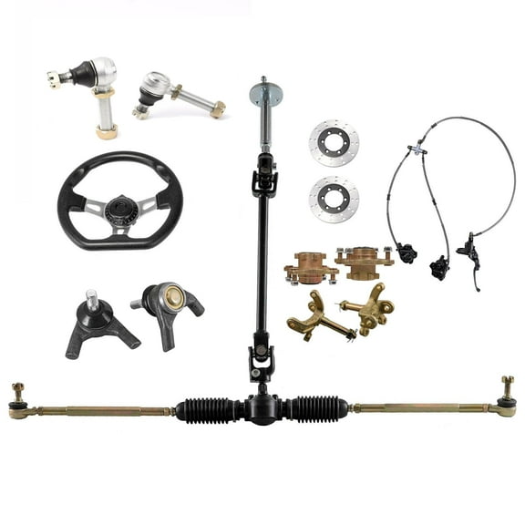 Front Steering Wheel Tie Rod Kit Gear Rack Pinion Shaft & 4 Stud Wheel Hub Steering Knuckle & Brake Caliper Disc Rotor DIY Parts for Go Kart Go Cart Golf Cart ATV Quad Buggy Drift Trike