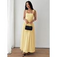 thumbnail image 6 of Petite Womens Yellow Solid Square Neck Ruched Flared Maxi Dress For Spring Summer, 6 of 7