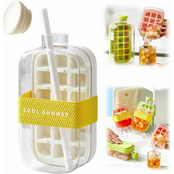Ice Cube Bottle, 2 in 1 Touch-Free Ice Cube Tray Water Bottle with Lid and Bin, Ice Cube Making Bottle, Easy Ice Release for Freezer, Perfect, For Coffee, Juice, And Beverages