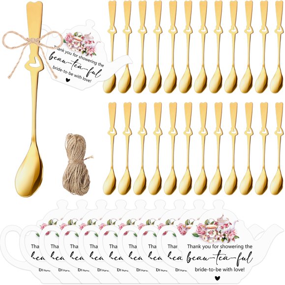 Skybooly 50 Sets Bridal Shower Tea Party Favors for Guests Mini Coffee Spoons Small Spoons Heart Spoon with Teapot Idea Thank You Cards and