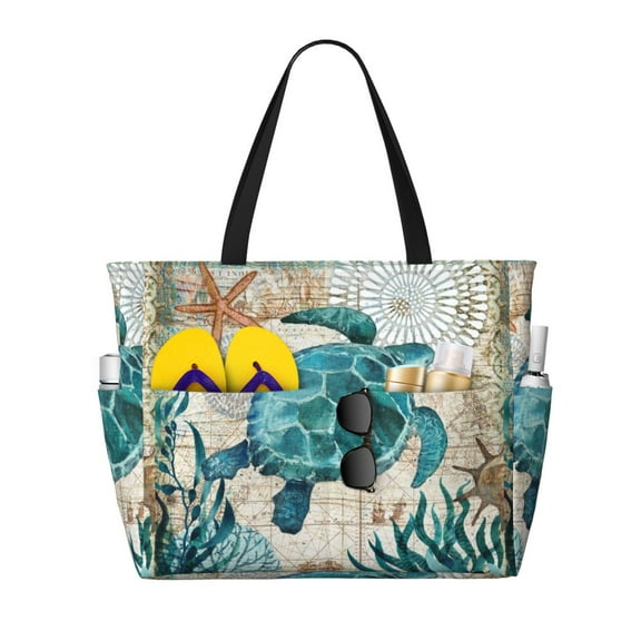 Naloa Watercolor Sea Turtle Large Capacity Beach Bag, Waterproof Sandproof Beach Swim Pool Bag Tote Bag for Women
