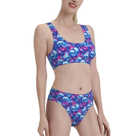 Uemuo blue Skull purple flower Printed Women s High Waisted Bikini Sets Sporty Two Piece Swimsuits Color Block Cheeky High Cut Bathing Suits-XX-Large