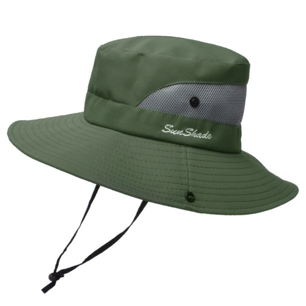 Sombrero de pesca ajustable para adultos y niños, gorra de cubo para el sol para acampar con ala ancha de verano (verde militar)