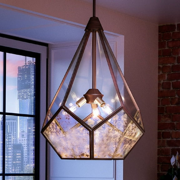 Luxury Mid-Century Modern Indoor Chandelier, 25.875''H x 19''W, with Geometric Style Elements, Art Deco Design, Olde Bronze Finish and Glass, UHP2851