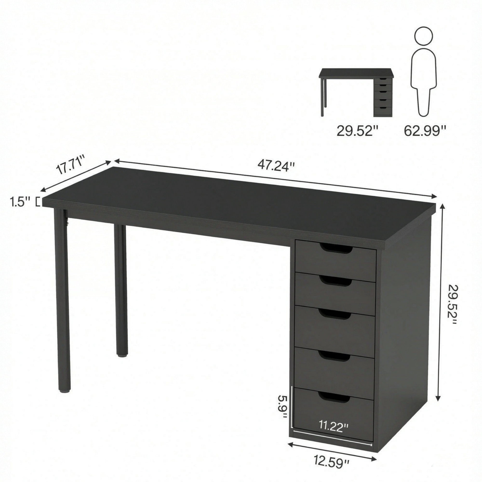Modern Computer Desk, 47" Writing Desk with 5 Reversible Storage Drawers for Home Office