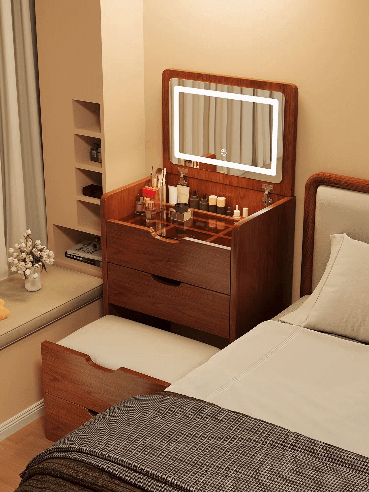 3 in 1 Vanity Desk, Flip Top Lighted Mirror Makeup Vanity with Visible Glass Desktop, 3 Drawers & Cushioned Stool, Compact Dressing Table for Bedroom