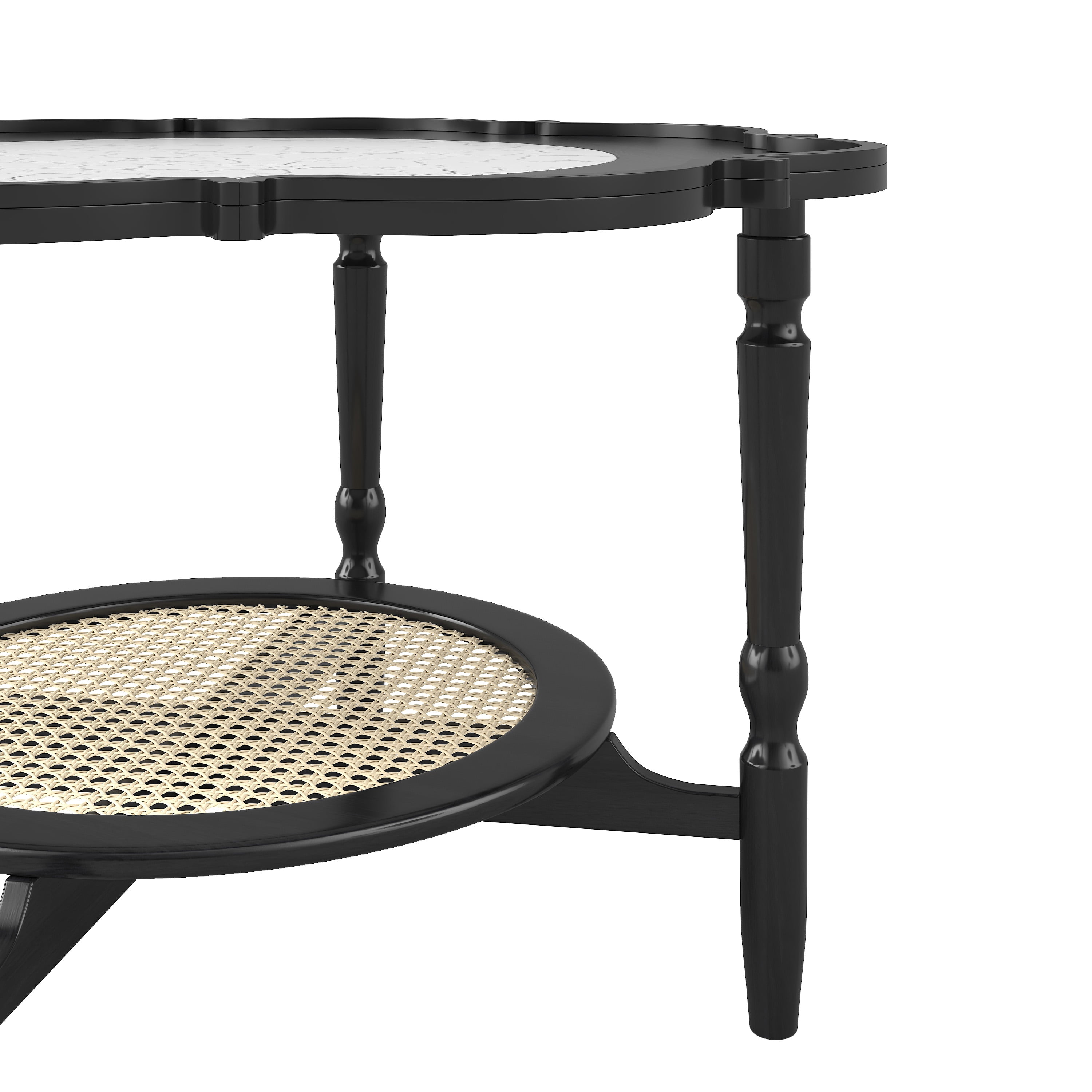 GARITIN Petal Shape Coffee Table 31.5 Inch, 2 Tiered Coffee Table with White Crackle Pattern Glass and Rattan for Living Room, Black