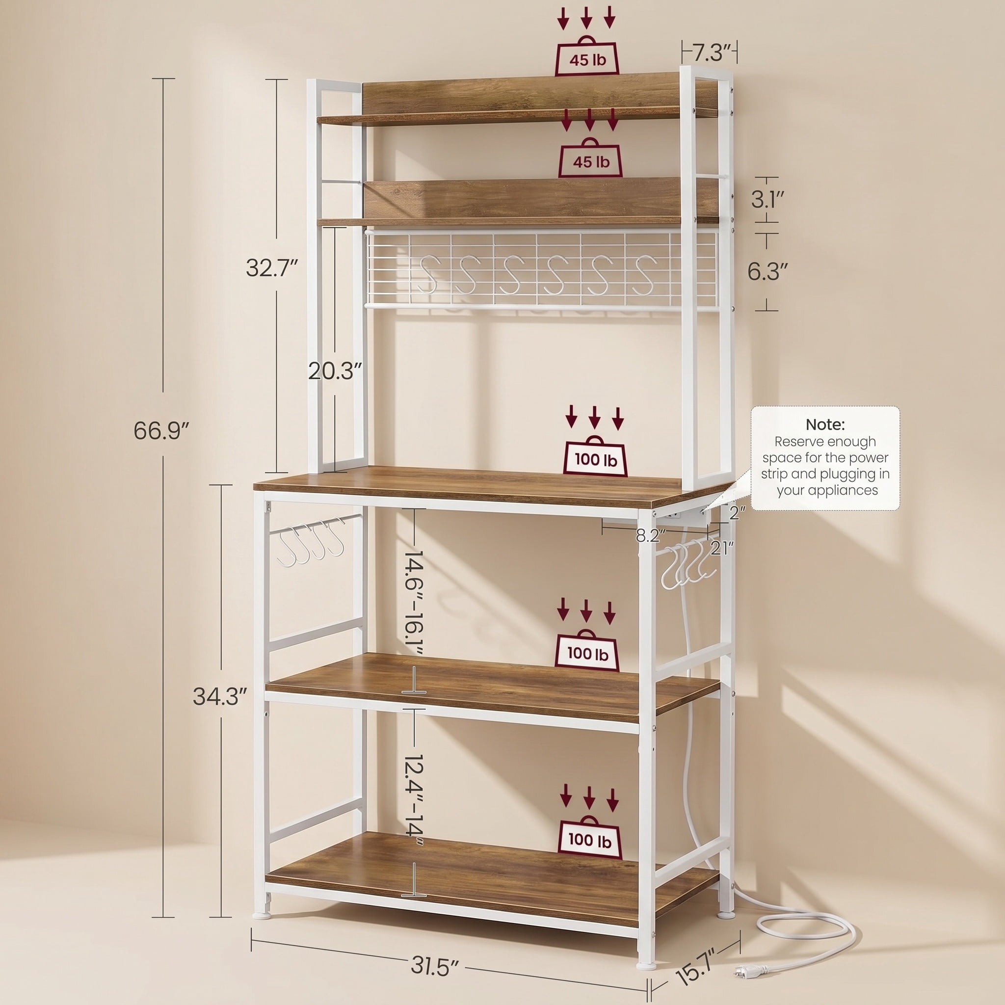 Nordic Hygge 66.9 in. Tall Bakers Rack with Power Outlet, Rustic Walnut & Cloud White
