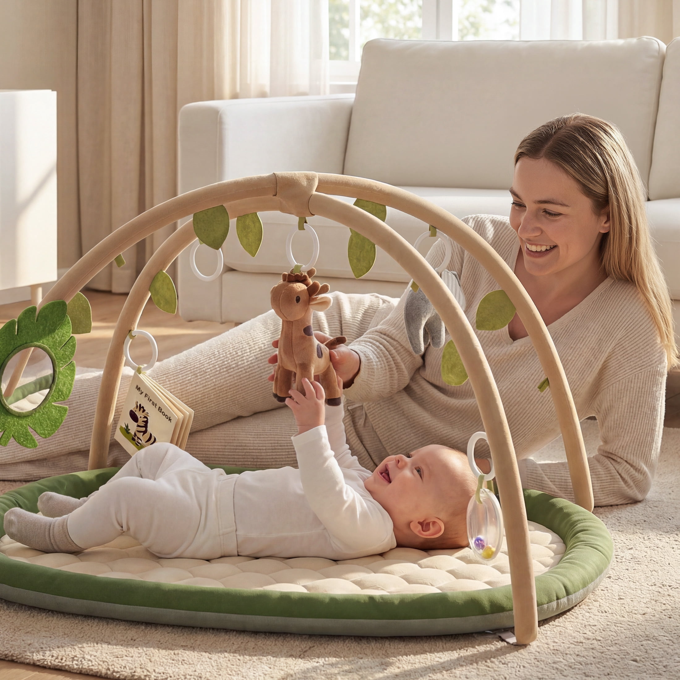 Babyomi Thickened Baby Play Gym and Activity Mat, Washable Tummy Time Mat with Detachable Sensory Toys & Cards Promote Motor Skills, Non Slip Mat for Infant Gift,Green