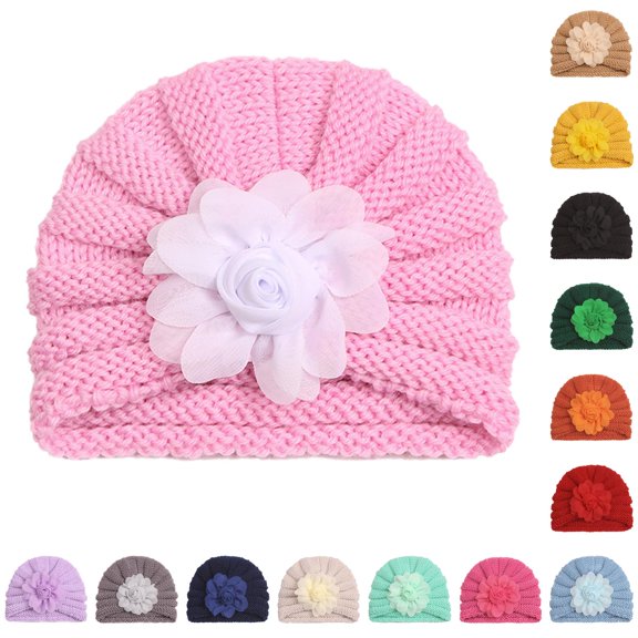 Krdevn Cable Knit Baby Beanie Hat Chiffon Rose Flower Soft Stretchy Warm Winter Knitted Cap for Toddler Girls Cold Weather