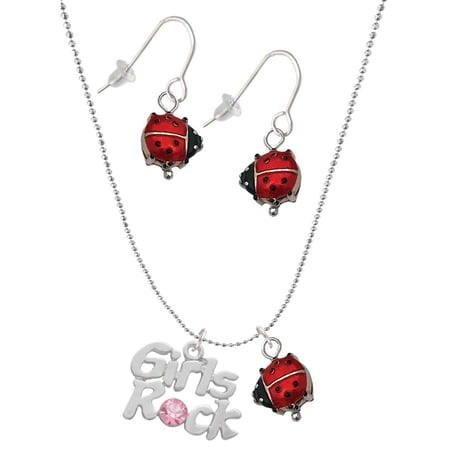 Delight Jewelry Silvertone Girls Rock with Light Pink Crystal Red Lucky Ladybug Necklace and Dangle Earrings Set Delight Jewelry Silvertone Girls Rock with Light Pink Crystal Red Lucky Ladybug Necklace and Dangle Earrings Set