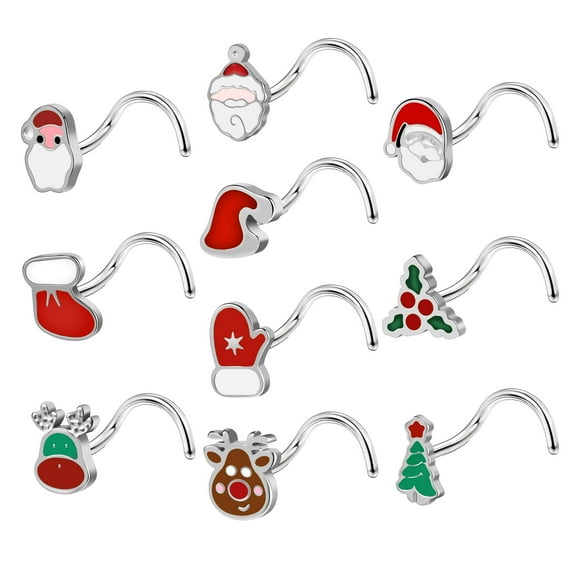 ZS 10Pcs/Set 20G Xmas Stainless Steel Nose Studs L-Shaped/Nose Screw Stud Nostril Piercing Christmas Body Jewelry