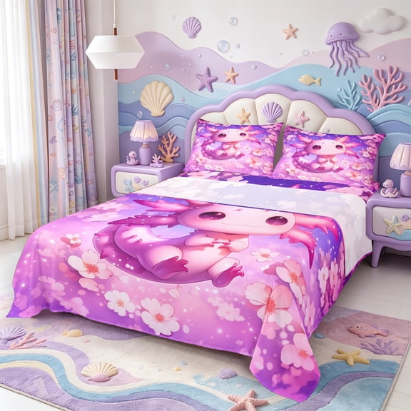 Manfei Pink-Blue Axolotl Bed Sheets,Aquatic Amphibian Print Full Size Sheets,4 Pieces,1 Flat Sheet,1 Fitted Sheet and 2 Pillowcases